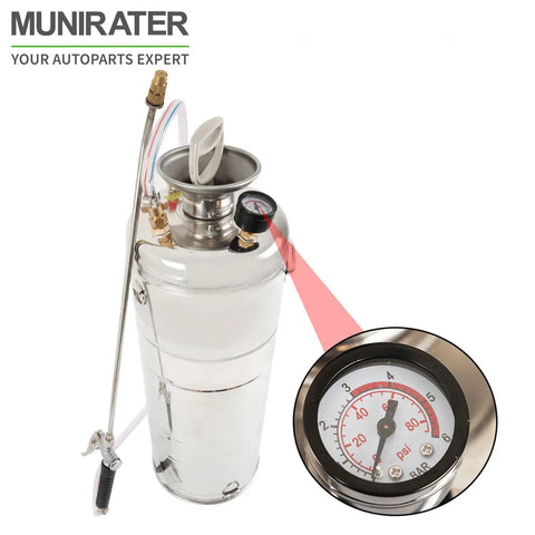 3.5 Gallon Stainless Steel Garden Sprayer With 20 Inch Spray Rod And 3 Foot Hose Built Tough, showing gauge detail