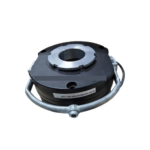 Electromagnetic clutch and brake motor assembly with base; black housing, silver mounting ring, front view.