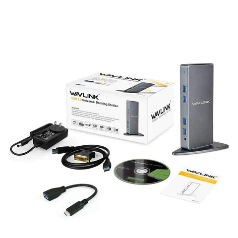 Universal Usb 3.0 Laptop Docking Station Dual Monitor Hdmi Vga Gigabit Ethernet Six Usb Ports Aluminum Build with accessories.