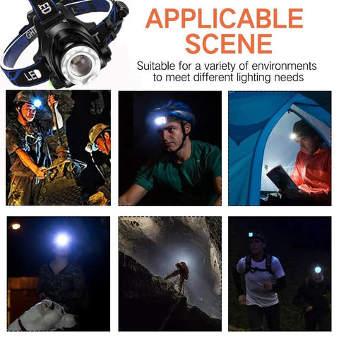 Beast Mode Ultra Bright USB Rechargeable Headlamp With Zoomable Beam shown in various outdoor activities like camping and hiking