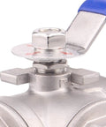 Close-up of 3-Way Ball Valve With T Mounting Pad Stainless Steel 304 Female NPT Ports For Water Oil And Gas With Vinyl Locking Handle
