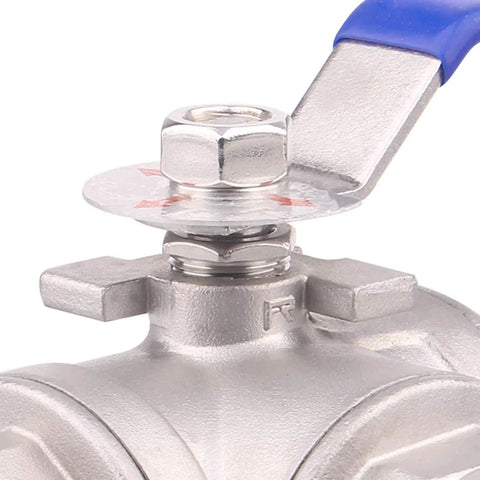 Close-up of 3-Way Ball Valve With T Mounting Pad Stainless Steel 304 Female NPT Ports For Water Oil And Gas With Vinyl Locking Handle