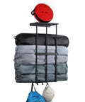 Heavy Duty Garage Wall Mount Storage Rack For Outdoor Gear And Camping Essentials, Metal Floating Shelf With Four Hooks To Hang Chairs, Umbrellas, Tents, Bags And More, showing various gear organized neatly.