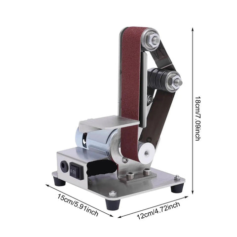 Mini Electric Belt Sander And Polisher Machine Desktop Grinding Tool with stainless steel frame for compact wood and metal projects.