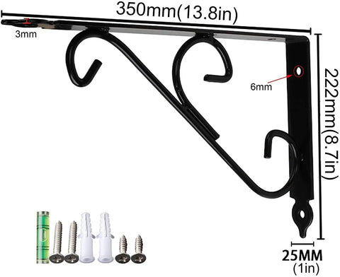 Heavy Duty 2-Pack Shelf Brackets Large Black Metal 90 Degree Corner Braces detailed image showing dimensions and hardware.