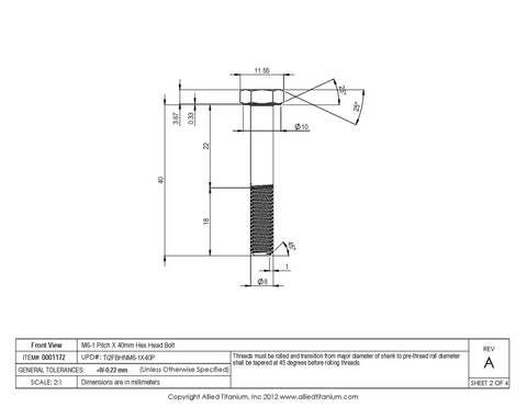 Top Shelf Grade Two Titanium Hex Head Bolts M6 Metric Thread By Forty Millimeter showing detailed dimensions and specifications.