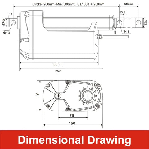 Dimensional drawing of Heavy Duty Electric Linear Actuator 24V DC Motor with 1200Mm stroke and IP67 build specifications.