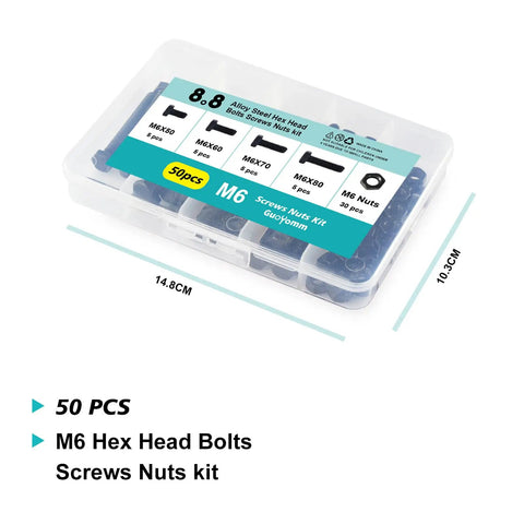 M6 Hex Head Bolts And Nuts Assortment Kit, Pro Grade 8.8 Alloy Steel Screws With Tough Black Oxide Coat, Sized Fifty To Eighty Millimeter, Knockout Fastener Bundle For Backyard Build Projects, 50 pieces in storage case.