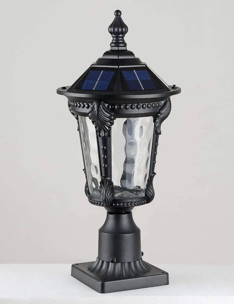 Solar Outdoor Post Light With Two Modes Aluminum Exterior Lantern Waterproof LED Post Lamps Warm and Cool White Lighting Dusk to Dawn Sensor 3 Inch Pier Mount Adapter All Night Pathway Yard Lighting with hammered glass and solar panels
