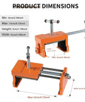 Beefy Pro Grade Cabinet Clamps For Precise Wood Joinery Alignment, 2 pack in orange, dimensions displayed, adjustable clamping system