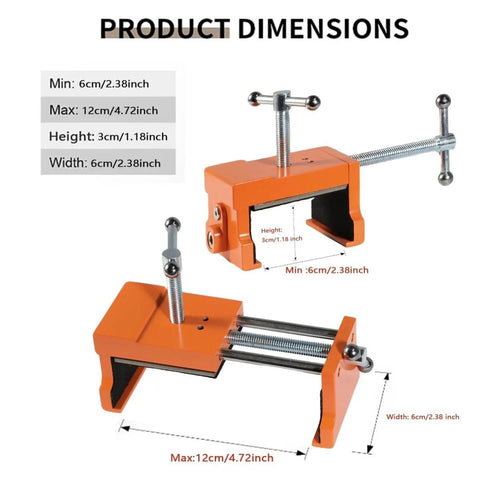 Beefy Pro Grade Cabinet Clamps For Precise Wood Joinery Alignment, 2 pack in orange, dimensions displayed, adjustable clamping system