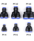 Super Cool 100 Piece Pneumatic Fittings Kit Push To Connect Air Hose Adapters For Quick Assembly With Adjustable Size Port And Elegant Black Finish Fit Perfectly For Compressors And Industrial Tools. black push-to-connect pneumatic fittings set with PY-4 to PY-16 ports
