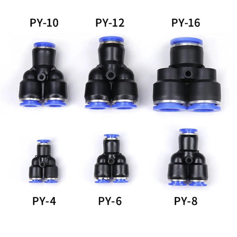 Super Cool 100 Piece Pneumatic Fittings Kit Push To Connect Air Hose Adapters For Quick Assembly With Adjustable Size Port And Elegant Black Finish Fit Perfectly For Compressors And Industrial Tools. black push-to-connect pneumatic fittings set with PY-4 to PY-16 ports