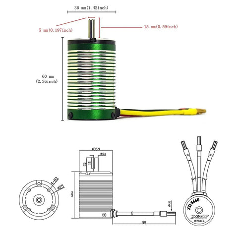 Diagram of Beefy 3660 Brushless RC Motor 4650KV 1700W 120A with dimensions and measurements