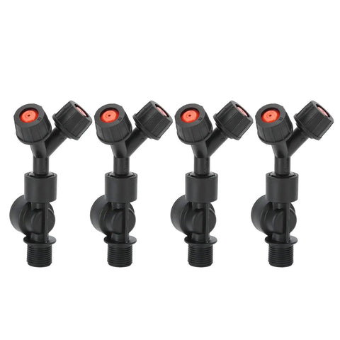 Four black plastic atomization precision sprayer nozzles with 0.7 inch thread quick connect for water-saving irrigation.