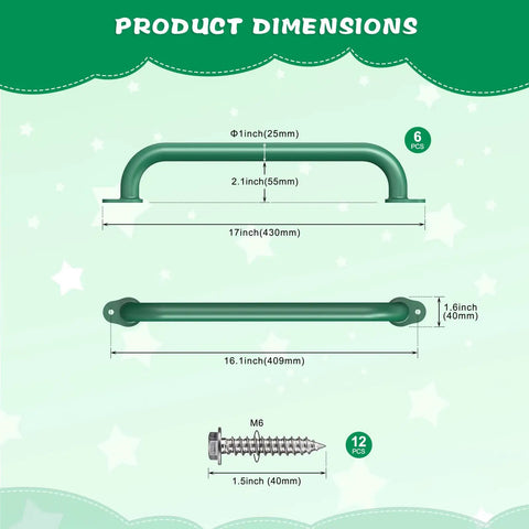 Six Pack 17 Inch Green Metal Playground Safety Handles For Indoor Outdoor Playsets And Swing Sets Heavy Duty Non Slip Grab Bars For Kids Playhouses Treehouses Jungle Gyms And Climbing Frames