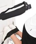 Door Mount Hamstring Curl Strap With Extra Large Foam Stopper And Thick Neoprene Padding in use for Nordic curls on a door.