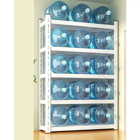 Heavy Duty 5 Tier Adjustable Metal Wire Shelving Unit Delivers Boss Level 200 Pound Shelf Load For Garage Kitchen Warehouse And Basement with water jugs.