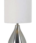 Droplet Table Lamp With Brushed Steel Finish And Tall White Drum Shade Modern Vibe Lighting For Living Room 29 Inch Height