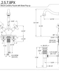 Heritage Two-Handle Bathroom Faucet With Brass Pop-Up Drain And Cover Plate, technical diagram with measurements and components