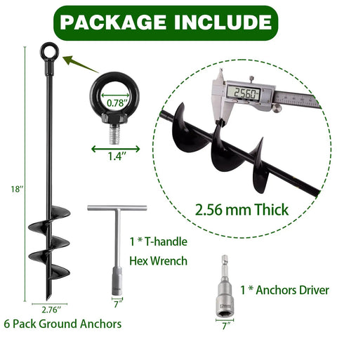 Beefy Heavy Duty Ground Anchors Screw In 18 Inch Kit 6 Pack with accessories, dimensions, and thickness details