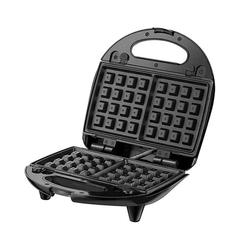 3 In 1 Breakfast Maker With Interchangeable Plates Electric Sandwich Waffle And Steak Press Stainless Steel Non Stick Coating 110V For Home Kitchen Quick And Easy Meal Prep For Busy Mornings in open position showing waffle molds.