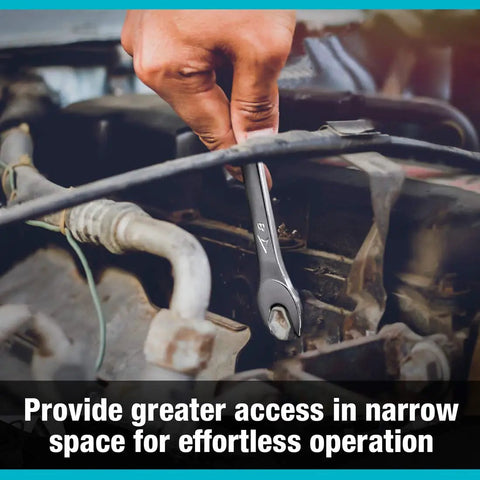 Using Super Thin Open End Wrench Set Metric With Rolling Pouch in tight engine space, showing 3mm ultra slim spanner fitting in narrow area.