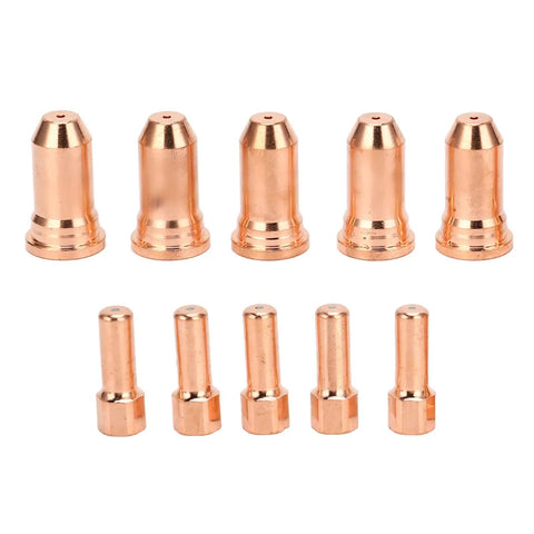 Solid Crafted 1.5Mm Copper Nozzle Electrode Kit With 10 Pieces For PT100 Series Plasma Cutter, showing 5 copper nozzles and 5 electrodes.