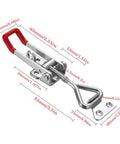 Beefy Heavy Duty Toggle Latch Clamp 4002 Style With Lock Hole 550Lbs Holding Capacity, dimensions shown, red metallic handle.