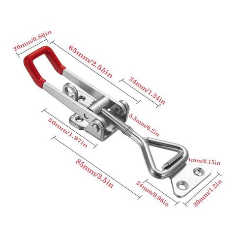 Beefy Heavy Duty Toggle Latch Clamp 4002 Style With Lock Hole 550Lbs Holding Capacity, dimensions shown, red metallic handle.