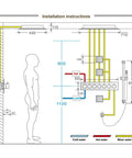 Installation instructions diagram for Top Shelf Wall Mounted Constant Temperature Shower System With Giant Canopy Rain Head Plus Side Jets.