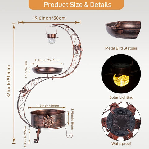 Outdoor Metal Standing Bird Bath With Solar Lamp Vintage Style Garden Birdbath Pedestal With Flower Planter 36 Inches Tall And 19.6 Inches Wide S Shaped Design With Hummingbird Ornaments For Bird Lovers, product dimensions and features displayed.
