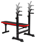 Weight Bench With Squat Rack And Adjustable Recliner - Foldable Home Gym Gear, red and black, side view.