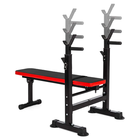 Weight Bench With Squat Rack And Adjustable Recliner - Foldable Home Gym Gear, red and black, side view.