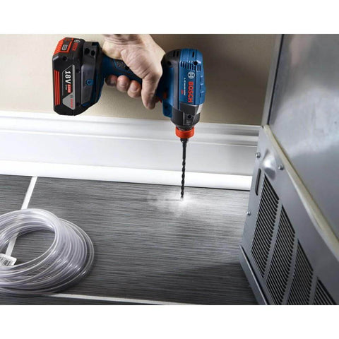 Bosch IMC500 cordless drill with bit drilling into metal surface; blue 18V tool