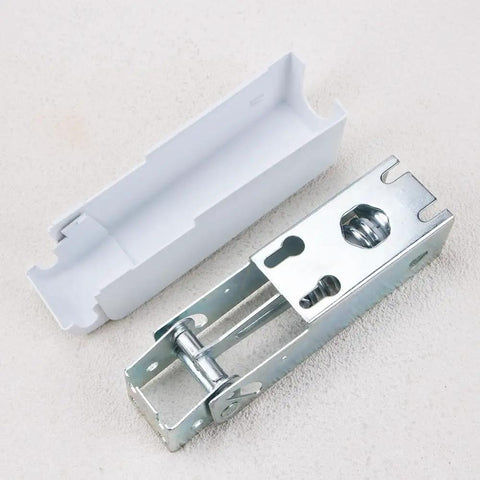 Universal Freezer Door Hinge With Integrated Spring Replacement Casing For Refrigerator Doors No Fuss Drop Down Spring Hinge Easy Install Fridge Accessory For Home Use, shown with metal hinge and white casing on a neutral background.