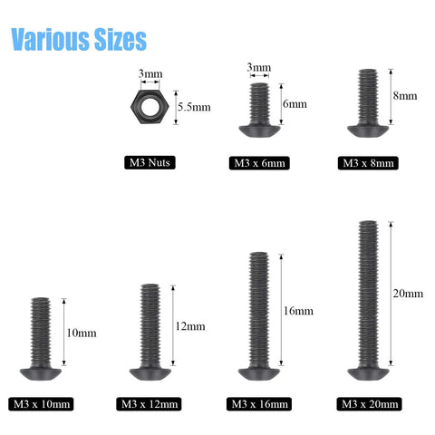 360 Piece M3 Hex Button Head Bolts Set size chart with 6mm, 8mm, 10mm, 12mm, 16mm, 20mm bolts and nuts, 10.9 alloy steel.