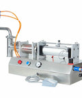 Pro Grade Pneumatic Liquid Filling Machine For Bottles, Slick Stainless Steel Action, Drop Dead Accurate Dosing For Wine Cosmetics Drinks, Heavy Duty 500 To 5000 Milliliter Ready To Roll, detailed view with control panel.