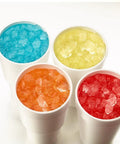 Four cups filled with colorful nugget ice, showcasing various flavors for refreshing drinks, featuring smooth texture.