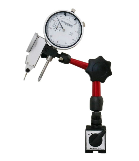 Accusize dial indicator with magnetic base on red adjustable arm, front view