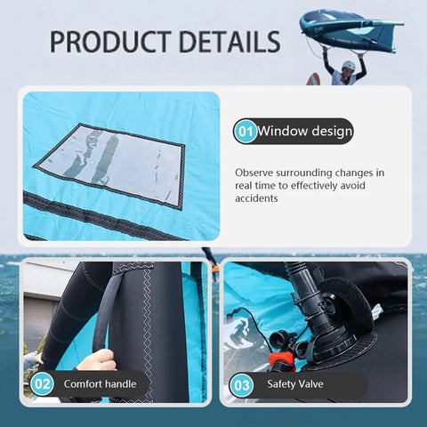 Inflatable Wing For Wind Wing Foiling And Watersports, Totally Sturdy Polyester Surf Wing With Dual Airbags, Easy Carry Storage Bag, Foil Wing Kite For Surfing Snow Ski And Water Play, Size Five Square with window design, comfort handle, and safety valve details.