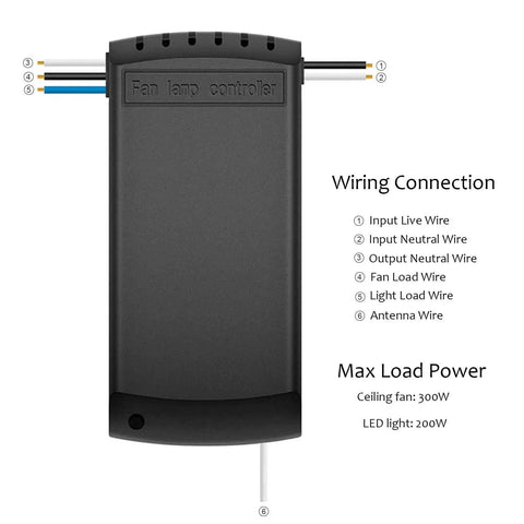 WiFi Ceiling Fan And Light Remote Control Kit Compatible With Alexa And Google Phone App showing wiring connections and power details