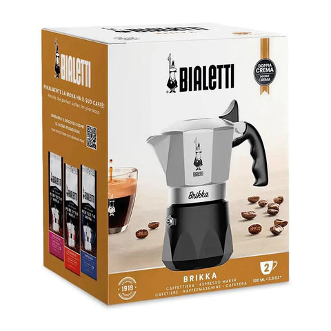 Brikka Moka Pot Crema Rich Stovetop Espresso Maker for bold Italian coffee at home shown in packaging with 2-cup size in sleek black design.