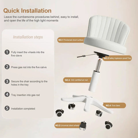 Small Round Rolling Desk Chair Armless Design Comfy PU Leather Seat Height Adjustable Swivel Office Chair For Computer Desk And Vanity Waterproof Non Slip Easy To Clean Supports Up To 300 Lbs installation guide with parts labeled.