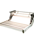 RV Camper Steps Drop Down Folding Stairs One Hand Open Close Aluminum Construction With Non Slip Feet Luminous Glow Tape For Visibility Holds Up To 450 Pounds, aluminum RV step open