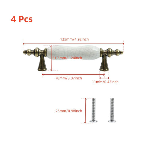 4 Pcs Ceramic Cabinet Pulls Antique Drawer Knobs Hardware For Dresser, Door, And Cupboard, 3.07 Inch Center Hole, 4.92 Inch Total Length