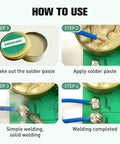 Steps to use 100G Pro Grade Soldering Flux Paste for Precision Electronics; applying paste, soldering, and completed weld on circuit board.