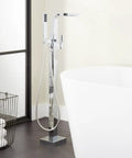 Hibiscus Straight Up Modern Freestanding Tub Faucet Forged From Solid Brass Featuring Integrated Hand Shower On Flex Hose with sleek design.