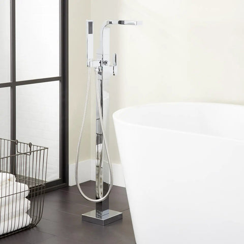 Hibiscus Straight Up Modern Freestanding Tub Faucet Forged From Solid Brass Featuring Integrated Hand Shower On Flex Hose with sleek design.