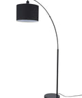 Tall 71 Inch Arc Floor Lamp With Black Fabric Shade And Steel Base, Modern standing light for living room over couch.
